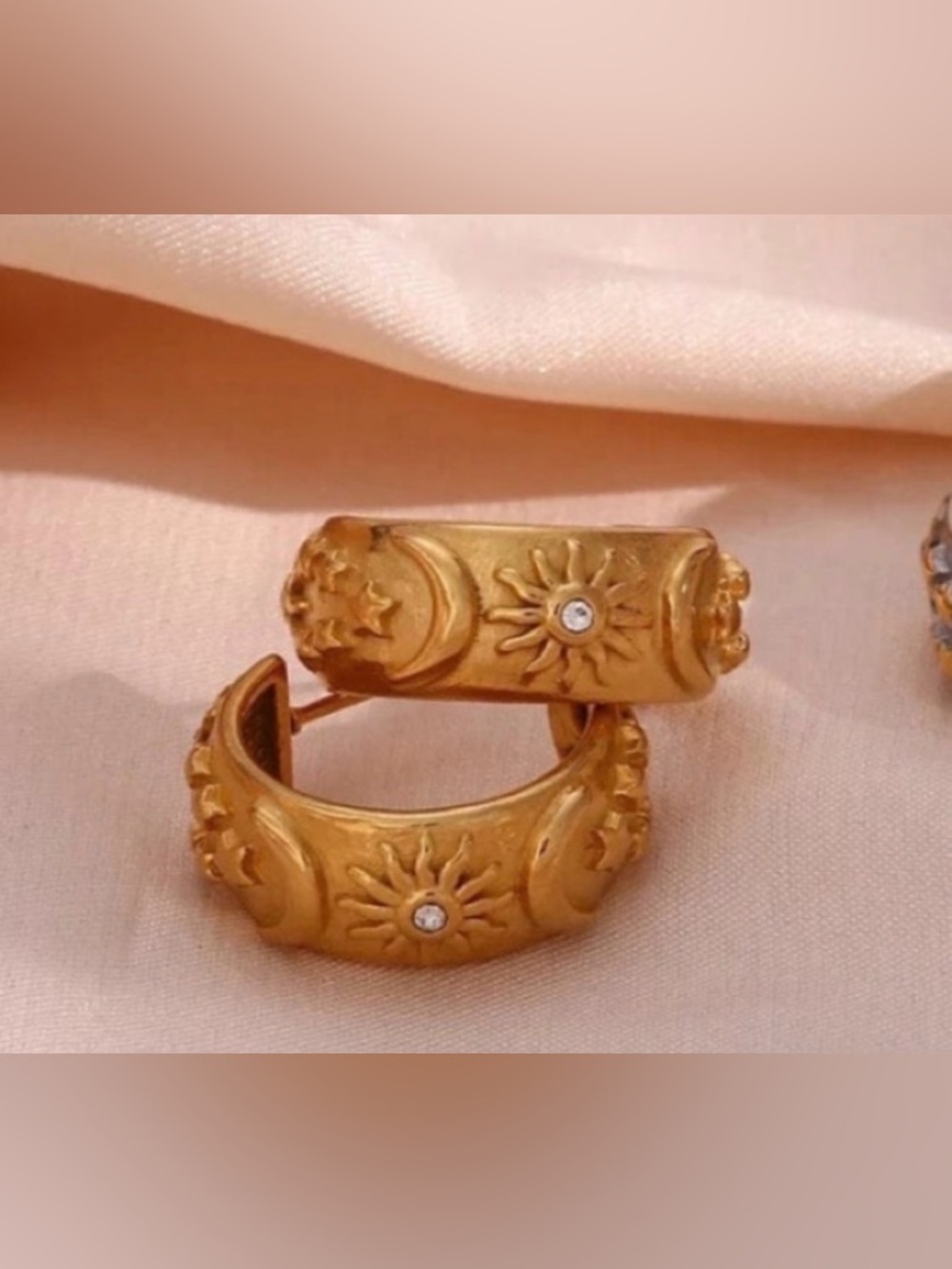 Thick Embossed Moon Sun Star Pattern Chunky Hoop Earrings Gold plated Waterproof